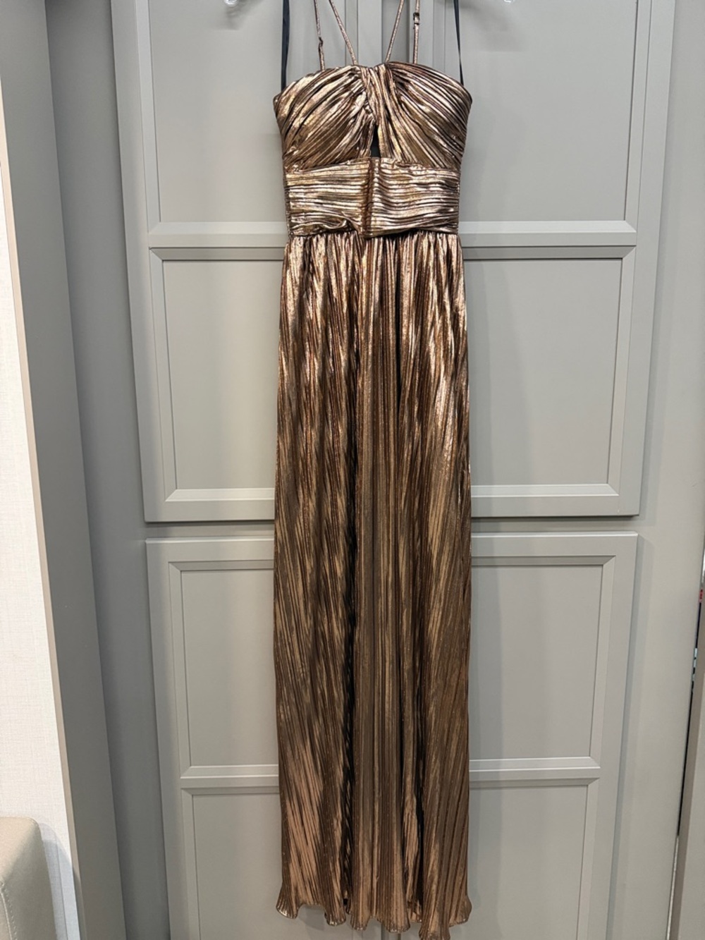 Shimmery Bronze Pleated Spaghetti-Strap Maxi Dress
